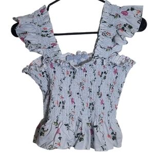 Hill House Home Paz Top Pond Floral Ruffled Smocked Linen Tank Top, S